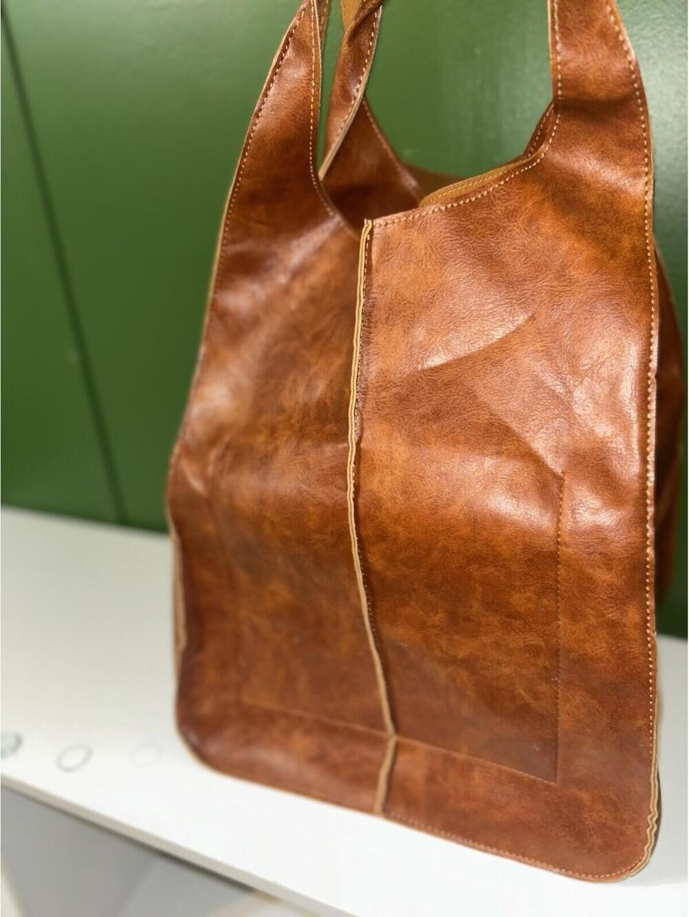 Large Brown Faux Leather Hobo Shoulder Bag Tote Slouchy Purse Vegan Leather